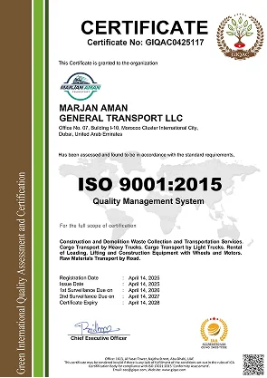ISO 9001:2015 Quality Management System Certificate — Marjan Aman General Transport LLC UAE